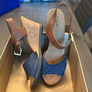 Clarks Brown and Blue Suede Wedge Sandals with Slingback
